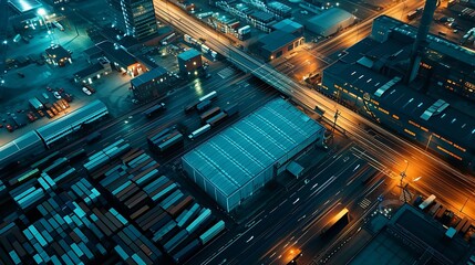 Utilize AI to produce an impressive nighttime aerial depiction of an online store goods warehouse. Highlight the intricate details of the logistic center  - obrazy, fototapety, plakaty