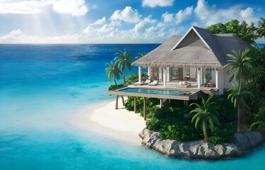  luxurious tropical bungalow, nestled on a private island aroung azure clear water. travel and relax concept. Ai generated