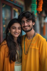 Colorful smart cool  indian young couple looking at the camera smiling, happy, confident wearing fashionable modern clothing,