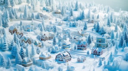 A miniature toy village covered in snow and surrounded by trees.