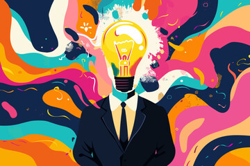 Visionary businessman with a lightbulb for a head generates groundbreaking ideas, surrounded by vibrant, abstract shapes that represent the boundless potential of workplace innovation and creativity - obrazy, fototapety, plakaty