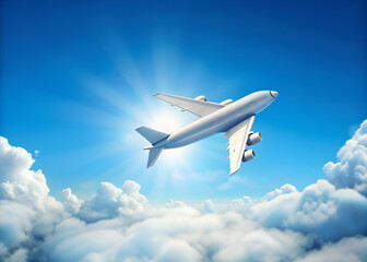 Fototapeta na wymiar Airplane flying in the blue sky with clouds. Travel concept.