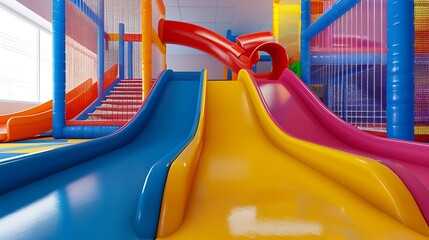 A colorful indoor playground with slides and seats, designed for children to play in the hotel's dining area