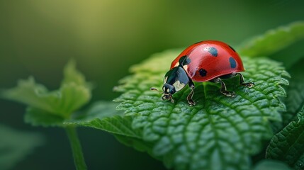 Naklejka premium Macro photography, a vibrant red ladybug adorned with delicate black spots leisurely crawling on a lush green leaf, Plenty of copy space ai generated high quality images