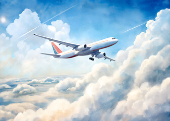 Airplane flying in the blue sky with clouds. Travel concept.