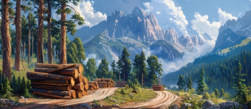 A painting of a mountainous landscape featuring a dirt road winding through the scene, leading towards the horizon.