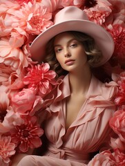 A woman wearing a pink hat and dress is surrounded by pink flowers.