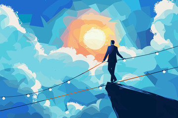 Walking the Tightrope of Business: Navigating Risk and Danger on the Path to Success - obrazy, fototapety, plakaty