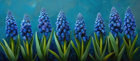 A painting featuring a cluster of blue Muscari flowers blooming abundantly in lush green grass.