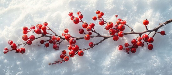 A branch covered in snow with bright red berries contrasting against the white snow background.