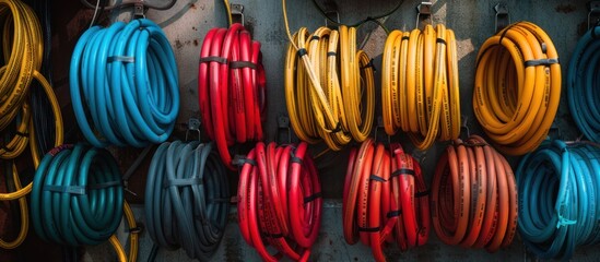 Various colored hoses neatly arranged and hung on a wall. - Powered by Adobe