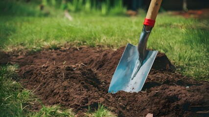 Closeup of shovel in newly dug grav. Concept Outdoor Photography, Tools, Graveyard Scene, Focus on Details - obrazy, fototapety, plakaty