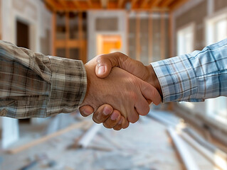 a homeowner and a contractor exchanging a handshake against the backdrop of a partially renovated room