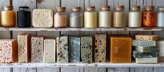 A shelf filled with assorted soaps, sponges, cosmetic products, clay items, and henna products.
