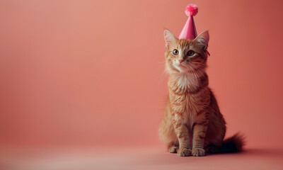 A cute cat wearing a party hat and sitting - obrazy, fototapety, plakaty