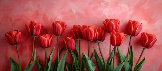 A cluster of bright red tulips contrast beautifully with a soft pink wall in the background.