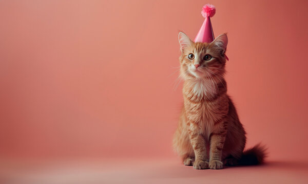 A cute cat wearing a party hat and sitting