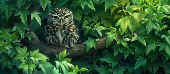 An owl perched on a tree branch, observing its surroundings with alert eyes.