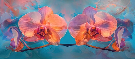 Two vibrant pink and orange orchid flowers stand out against a soft blue background.