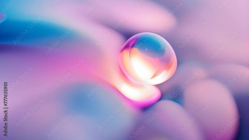 Poster pink holographic bubbles floating on the soft colorful abstract background in beautiful vivid tones