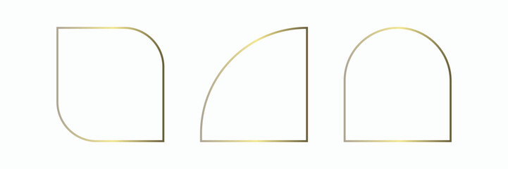 Golden thin frames set. Gold geometric borders in art deco style. Thin linear arch and curved shape collection. Yellow glowing shiny boarder element pack