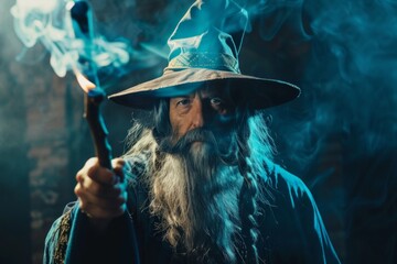 Man with a wizard hat and wand, the magical conjurer on bright background - obrazy, fototapety, plakaty