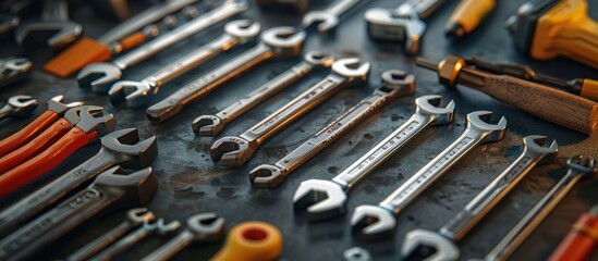Different tools such as wrenches, screwdrivers, hammers, and pliers neatly arranged on a table.