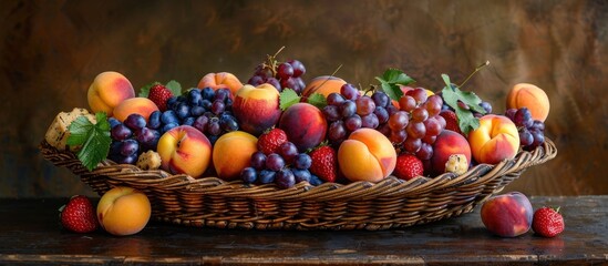 A painting depicting a woven basket filled with a variety of fresh fruits placed on a table.