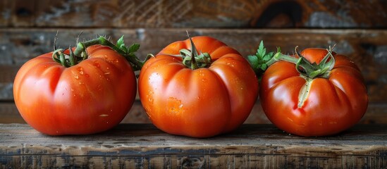 A group of three ripe tomatoes with a vibrant red hue sitting on top of a wooden table.