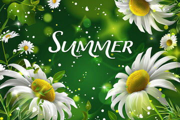 Floral green background with daisies and lettering Summer, bright summer greeting with place for text