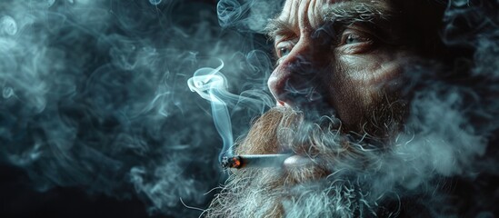 A bearded man is smoking a cigarette in the dark, illuminated by the glowing tip of the cigarette. - obrazy, fototapety, plakaty