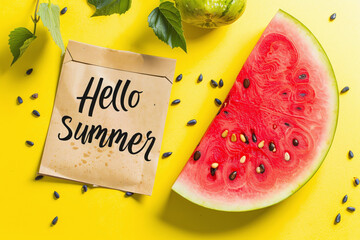 Yellow, bright background with a piece of juicy watermelon and the inscription Hello Summer, welcome summer banner