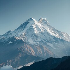 Fototapeta na wymiar Snowcapped mountain peak, clear morning, telephoto, majestic isolation , low texture