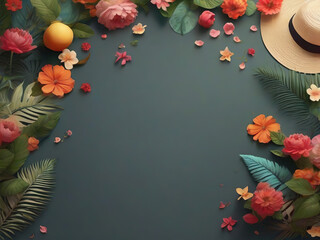 Summer background with tropical leaves and flowers. Top view with copy space - 777636314