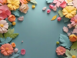 Colorful paper flowers on blue and pink background, top view, copy space - 777636321