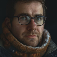 The face of a scientist, a traveller with glasses and frost on the collar of his jumper