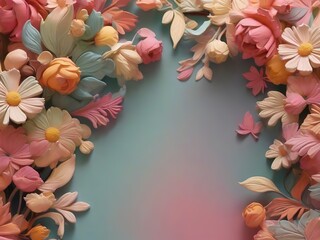 Colorful paper flowers on blue and pink background, top view, copy space - 777636340