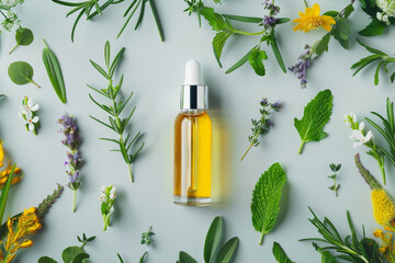 A bottle of essential oil is surrounded by various herbs and flowers