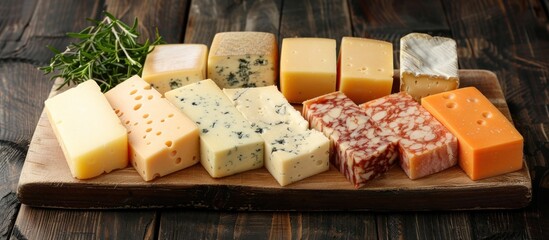 A variety of different types of cheese beautifully displayed on a wooden cutting board, ready to be enjoyed by cheese lovers.