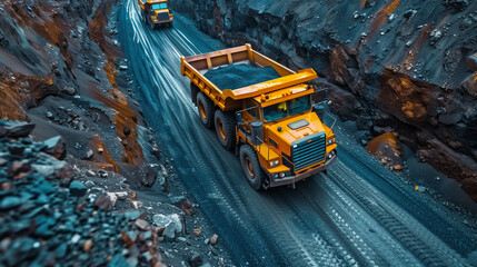 Industrial Mining Operation. A massive yellow dump truck maneuvers through a rocky open-pit mine, transporting materials in an arid landscape