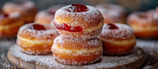 A close-up view of a pile of jelly donuts stacked on top of a wooden table.