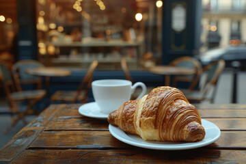 A croissant is on a plate next to a cup of coffee