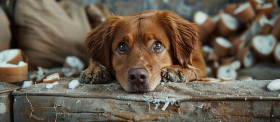 A brown dog laying comfortably on top of a wooden table. - Powered by Adobe