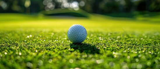 A white golf ball resting on the vibrant green grass of a well-maintained golf course.