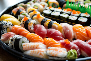 A tray of assorted sushi rolls, including some with avocado