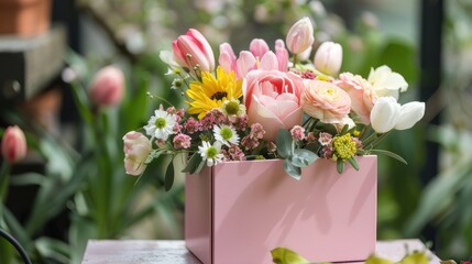 elegant pink gift box adorned with a vibrant spring flower.