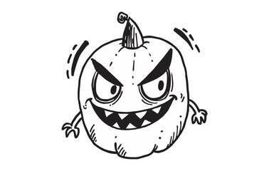 Wicked pumpkin character drawing. Playful jack-o'-lantern with a devious grin. Doodle art. Concept of Halloween pranks, spooky character design, mischievous decoration, and holiday humor.
