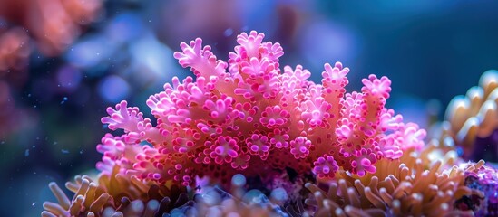 Detailed view of a vibrant pink and purple sea anemone in its natural underwater habitat, showcasing its intricate tentacles and vibrant colors.
