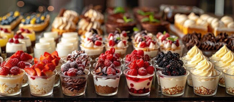 A table covered with a wide assortment of delicious desserts such as cakes, pastries, and dessert cups.