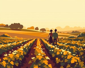 A couple wanders through a vineyard at sunset, the rows of grapes glowing in the soft light,